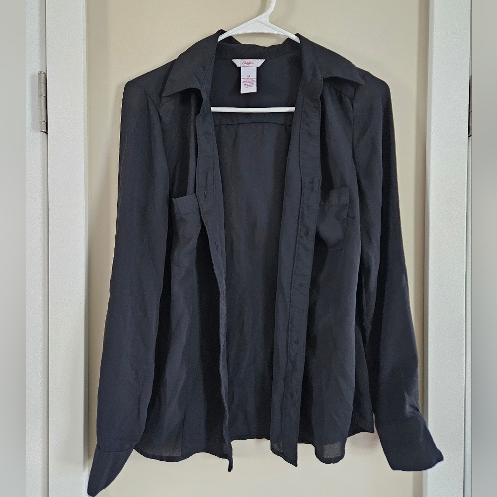 Candies Womens Black Button Up Dress Blouse Work Office Top Waitress Medium